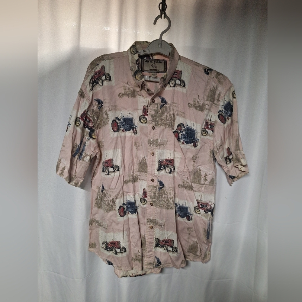 Bit & Bridle Pink Tractor Print Casual Shirt Cowboy Core